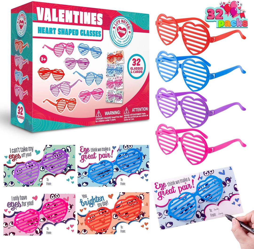 JOYIN 32 Packs Valentines Day Shade Glasses with Gift Cards Heart Shaped Shutter Heart Glasses Valentines Day Accessories for Kids Party Favor Classroom Exchange Prize Supplies
