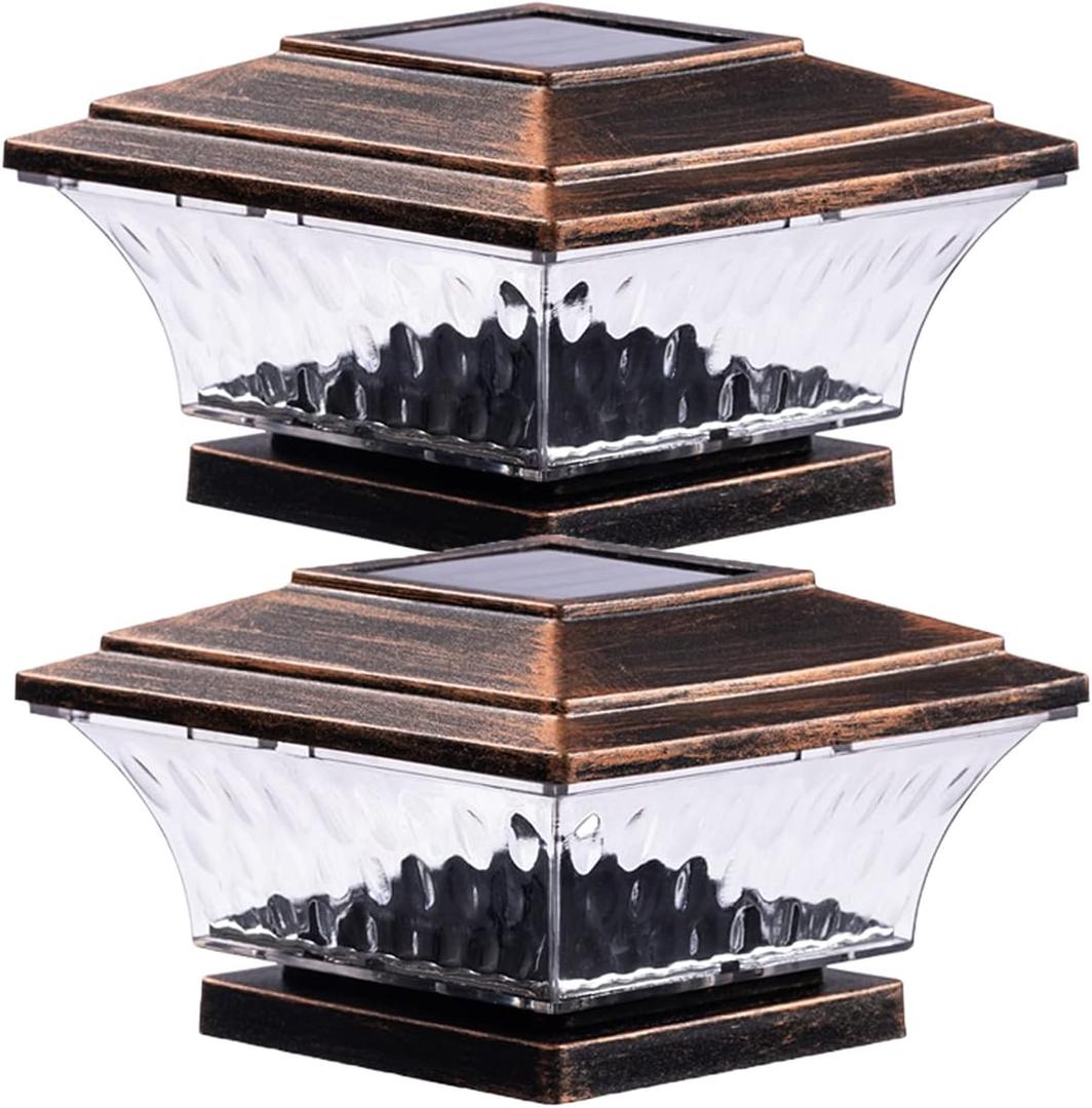 HUYIENO Solar Post Cap Lights Outdoor LED Lighting Deck Fence Cap Light Two Light Modes Warm White/Bright White Suitable for 4x4 Wooden Posts Brushed Copper 2PK