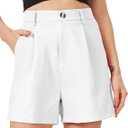 Women's Casual Pleated Dressy Business Work Shorts Elastic High Waisted Wide Leg with Pockets, M, White