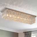 7PM Rectangular Chandelier, Modern Dining Room Light Fixture with Luxury K9 Raindrop Chandelier Crystals, 6 Lights Flush Mount Rectangle Chandelier for Kitchen, Living Room, L31.5'' x W10'' x H10'' (ChromeCeiling))