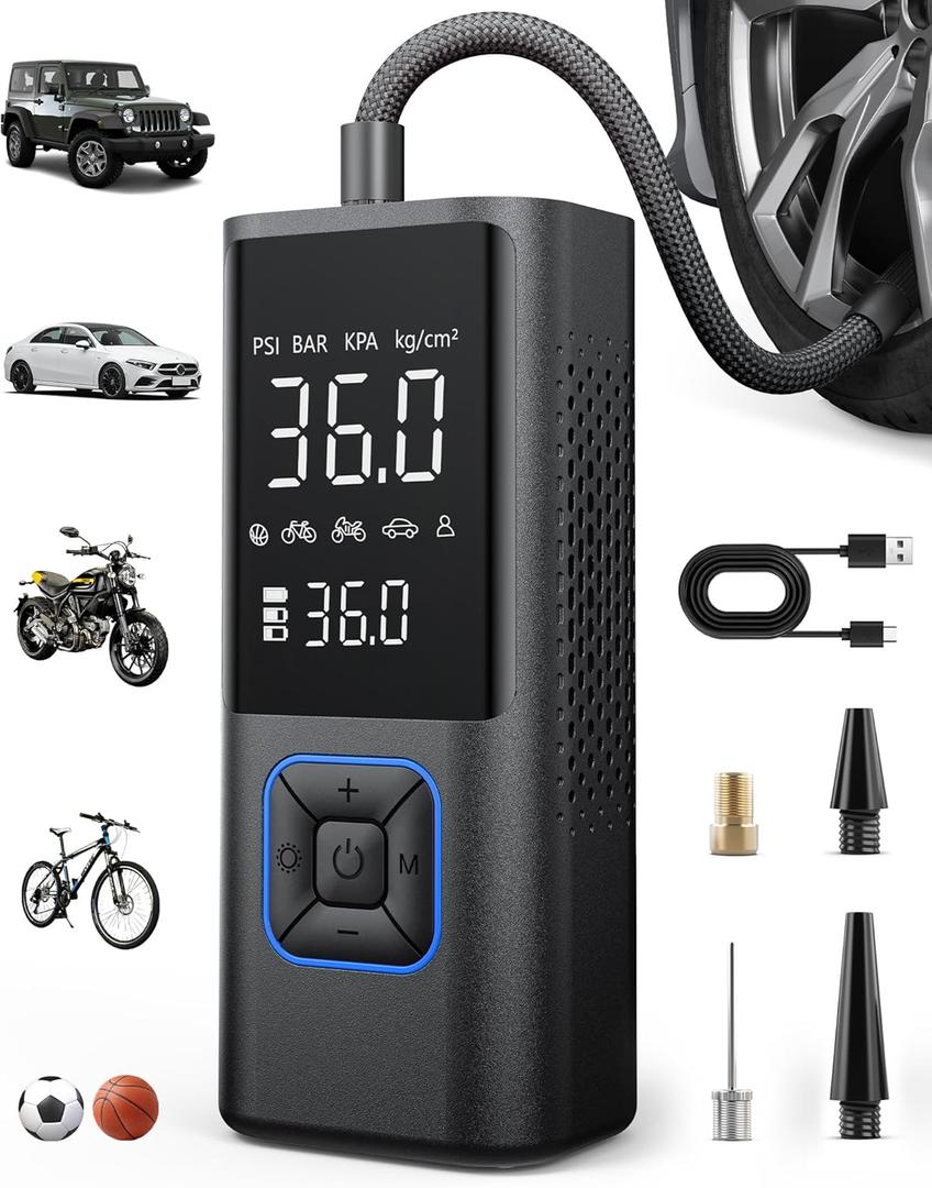 Cordless Tire Inflator Portable Air Compressor - 150PSI Air Pump with Auto Shutoff Function for Car Tires, Inflatables, Motorcycle, Balls, Compact Bike Tire Pump with LED Light, Blue, Large