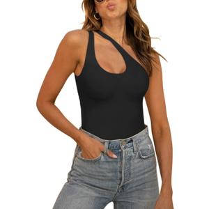 REORIA Women's Summer Sexy One Shoulder Cutout Front Sleeveless One Piece Tank Tops Backless Thong Bodysuits Leotards for Going Out Black, Small