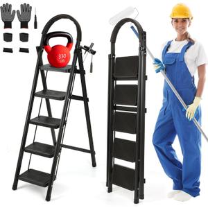 5 Step Ladder with Tool Storage Tray, Folding Step Stool with Wide Anti-Slip Pedal Handle, Sturdy Steel Tall Step Ladder Portable for Adults, 330lbs Capacity Lightweight for Kitchen Home Office, Black