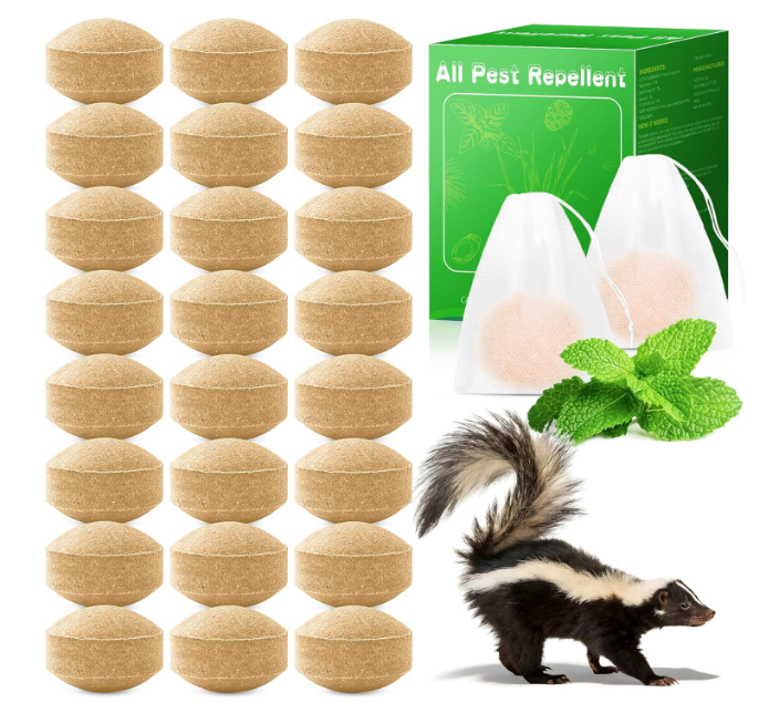 24 Pack Skunk Repellent Peppermint, Natural Raccoon Repellent
Keep Skunks Out from Outdoor Yard Shed Garden Under House, Long-Lasting Protection, Safe for Dogs and Children, Ready to Use