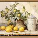 Floating Framed Vintage Kitchen Wall Art, Yellow Lemon Still Life Wall Decor Oil Paintings, Rustic Farmhouse Artwork Canvas Posters Prints Pictures for Living Room Bedroom Home Decor 8x10 Inch