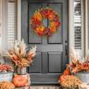 Artificial Fall Wreath for Front Door 24 Inch Peony & Mixed Floral Wreath with Maple Leaves & Berries, Rustic Autumn Wall Dcor