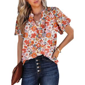 SHEWIN Women's Casual V Neck Floral Print Smocked Short Sleeve Chiffon Blouses Bohemian Top Shirts (XL)