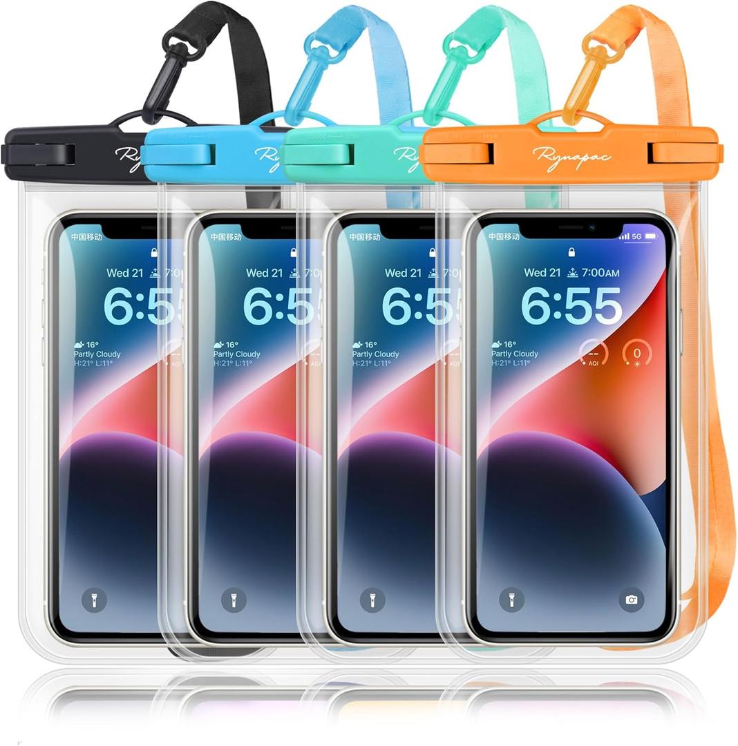 Waterproof Phone Pouch Bag - 7.5in Water Proof Cell Phone Case for Beach Travel Must Haves, Waterproof Phone Holder with Lanyard for iPhone 16 15 Pro Max Galaxy S24+ S23 Pixel 8a, Cruise Essentials ([Black+Mint+Blue+Orange] Waterproof Phone Pouch)