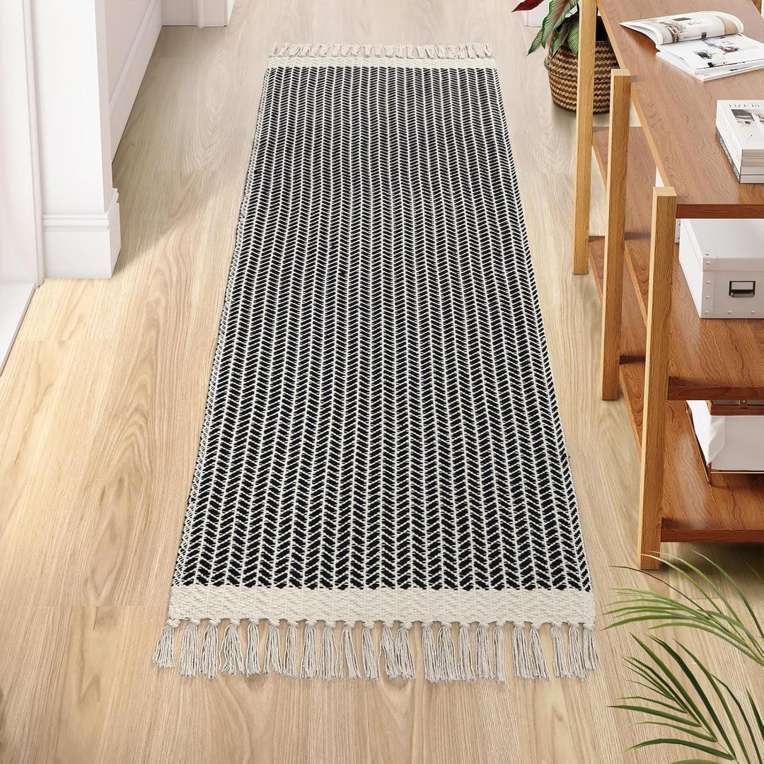 Lahome Belle Boho Hallway Runner Rug, 2x6 Laundry Room Lightweight Entry Woven Cotton Throw Mat with Tassels, Farmhouse Non Shedding Washable Black Low Pile Runner for Kitchen Bathroom