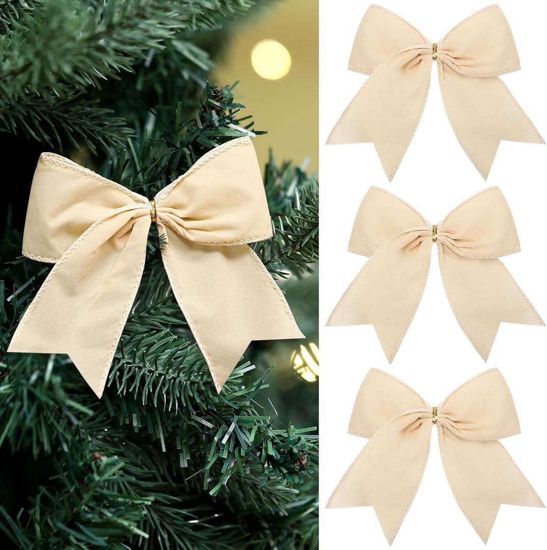 Janinka 12 Pcs Cream White Christmas Velvet Bows 6 Inch Rustic Wreath Gift Bows Vintage Xmas Velvet Ribbon Bow Ornaments for Xmas Farmhouse Tree Garland DIY Craft Wrapping Decorative
