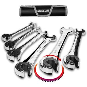 Ironcube Brake Line Wrench Set: 6 Pcs Metric 10-17mm - Ratcheting Open-end for Nuts on Fuel, Brake or Air Conditioning Lines
