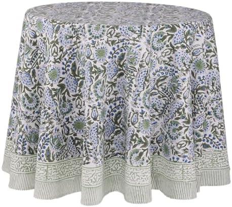ATOSII Clover Blue 100% Cotton Round Boho Fall Tablecloth, Handblock Floral Table Cloth Linen for Kitchen Dining I Parties Weddings Outdoors Christmas Thanksgiving I 90" Inches Round I 6-8 Seater