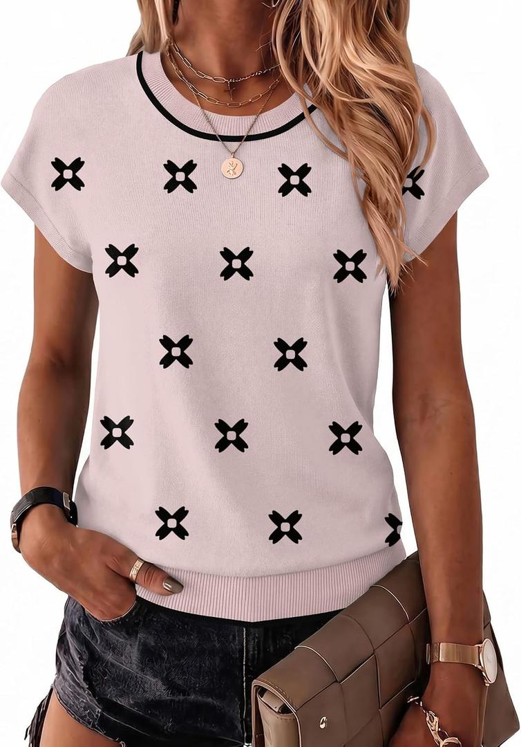 Zeagoo Womens Summer Short Sleeve Tops Crew Neck Pullover Sweaters Cap Sleeve Loose Dressy Casual Blouse Basic Clothes