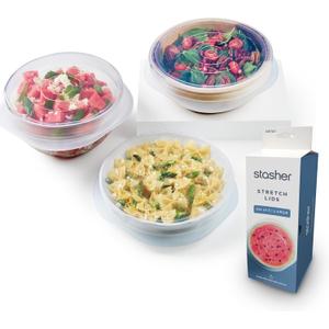 Stasher Premium Reusable Silicone Stretch Lids, Clear, Lids, Airtight Seal, Food Container Covers, BPA Free, Leak-free, Dishwasher Safe, Microwave Safe, Eco-Friendly (Large 3-Pack)