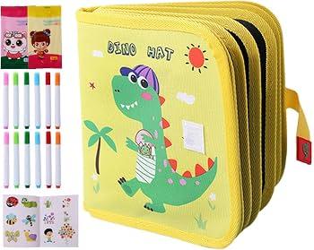 Reusable Scribble Book and Markers Set with Storage Bag, Travel Drawing Kit with 6 Drawing Surfaces & 3 Markers, Quiet Busy Book for Parent-Child Activities & Kids Gifts(Green Dino, Page 6)