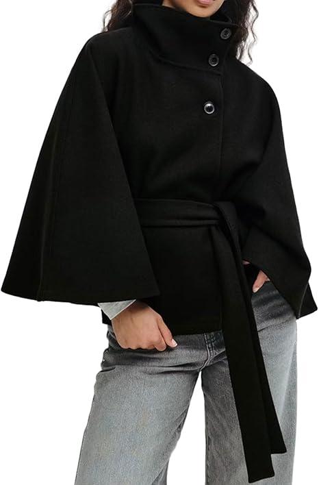 Women Batwing Sleeve Ponchos Pea Coat Wool Bland Stand Collar Jacket Winter Cropped Overcoat XL