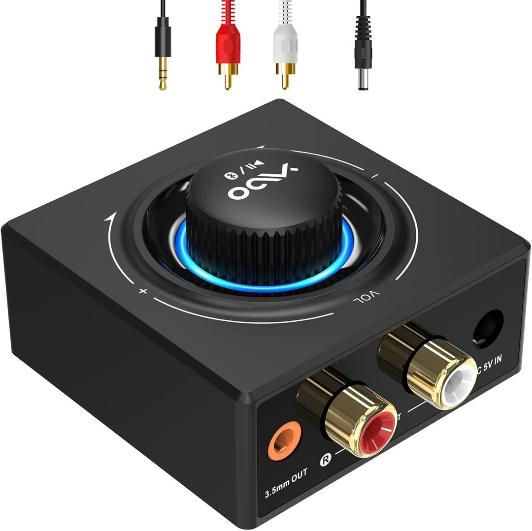 YMOO B06T3 Bluetooth 5.3 Receiver, 100ft RCA Bluetooth Audio Adapter for 3.5mm Jack AUX HiFi Home Stereo/Speaker from Smartphone/Tablet/Laptop,Dual Link for Two Speakers,SBC AAC Audio (Black)