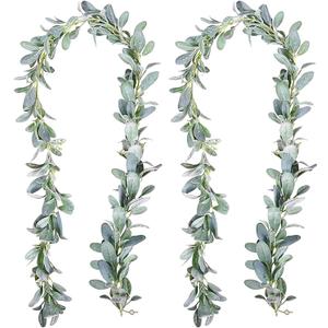 2 Pack Artificial Lambs Ear Greenery Garland Flocked Green Leaves Vines Garland Faux Lambs Ear Vine for Home Farmhouse Wedding Party Mantle Decor