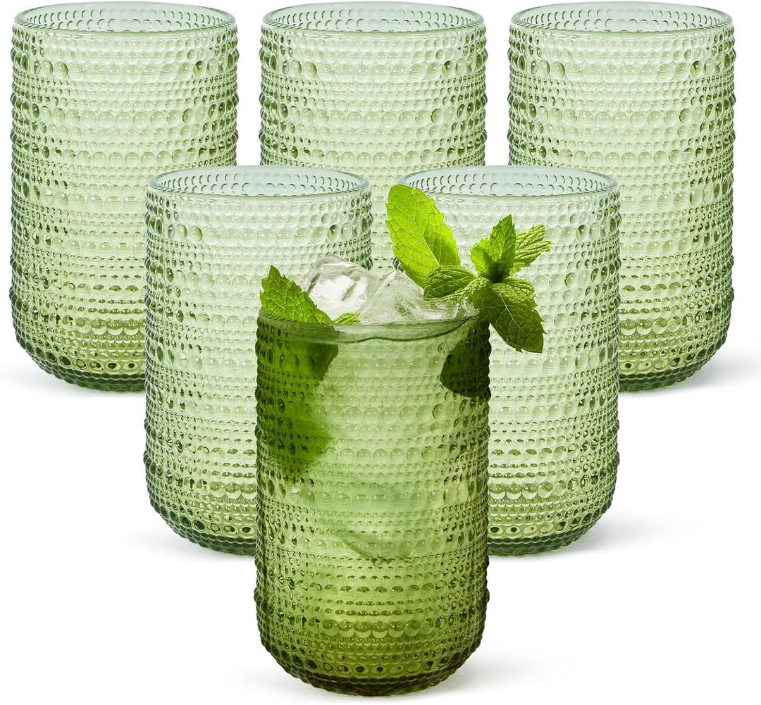 CHLJAR Hobnail Drinking Glasses Set of 6, 14 oz Vintage Glassware Set, Embossed Green Water Tumbler for Beer, Juice, Cocktail, Whiskey, Milk, Green