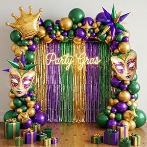 Mardi balloon garland arch kit Purple green gold with star Crown and Crown Mask Balloons for Gorgeous Funny Grand Fat Tuesday Party decorations