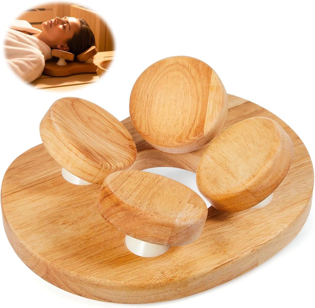 Tellegloww Wooden Sauna Headrest with Rotatable Disc Sauna Pillow for Stiff Neck Shoulder Pain Relief Head Health and Relaxation Natural Wood Accessories for Home, Spa, Gym