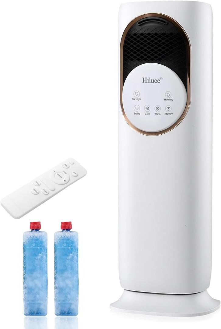 Hiluce 4-IN-1 Tower Fans that Blow Cold Air for Bedroom, Bladeless Fan and Heater Combo,28 ft/s Quiet Swamp Cooler Fan with Ice Packs,180 Oscillating,2 Heating & 3 Cooling Speed, 9H Timer