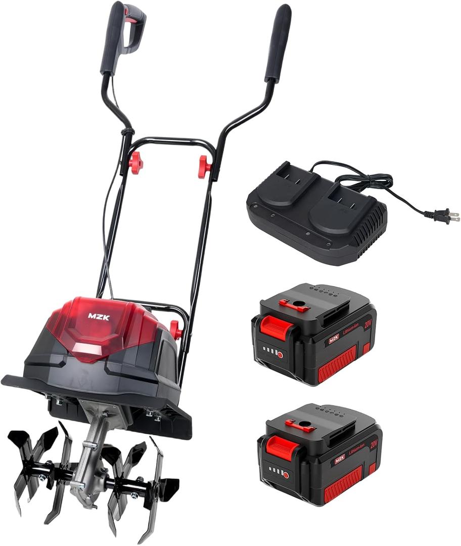 MZK 40V 12-inch Cordless Garden Tiller, 12In Width and 8.6In Depth Garden Rototiller,Battery Powered Garden Cultivator for Lawn/Gardening/Soil Cultivation(2 * 4.0Ah Battery&Charger Included),TC12D02