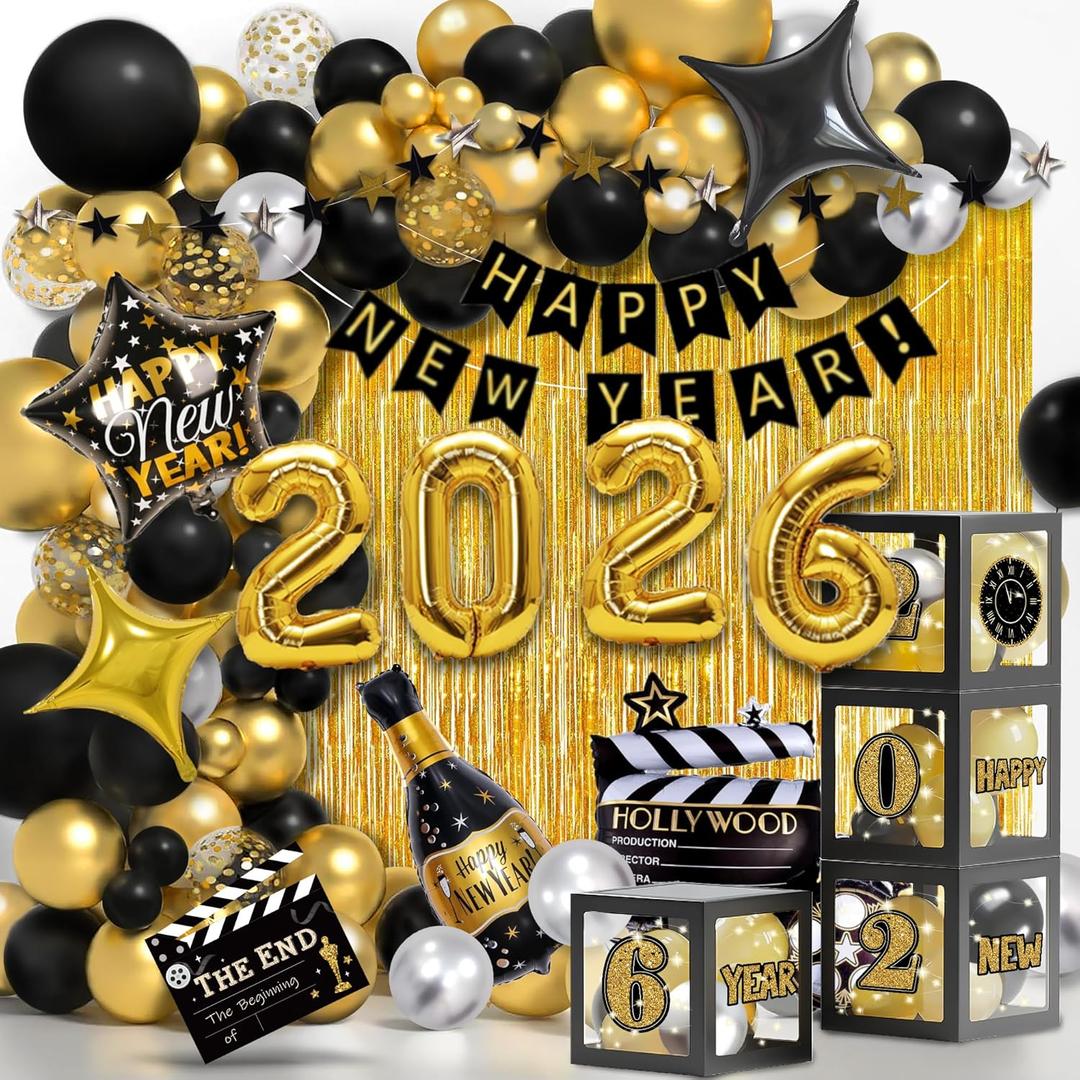 Party Spot! Happy New Year Decorations 2026 Black and Gold, Happy New Year Decorations Kit,2026 Balloons Boxes, "Happy New year"Banner,Fringe Curtains,Dot Garland
