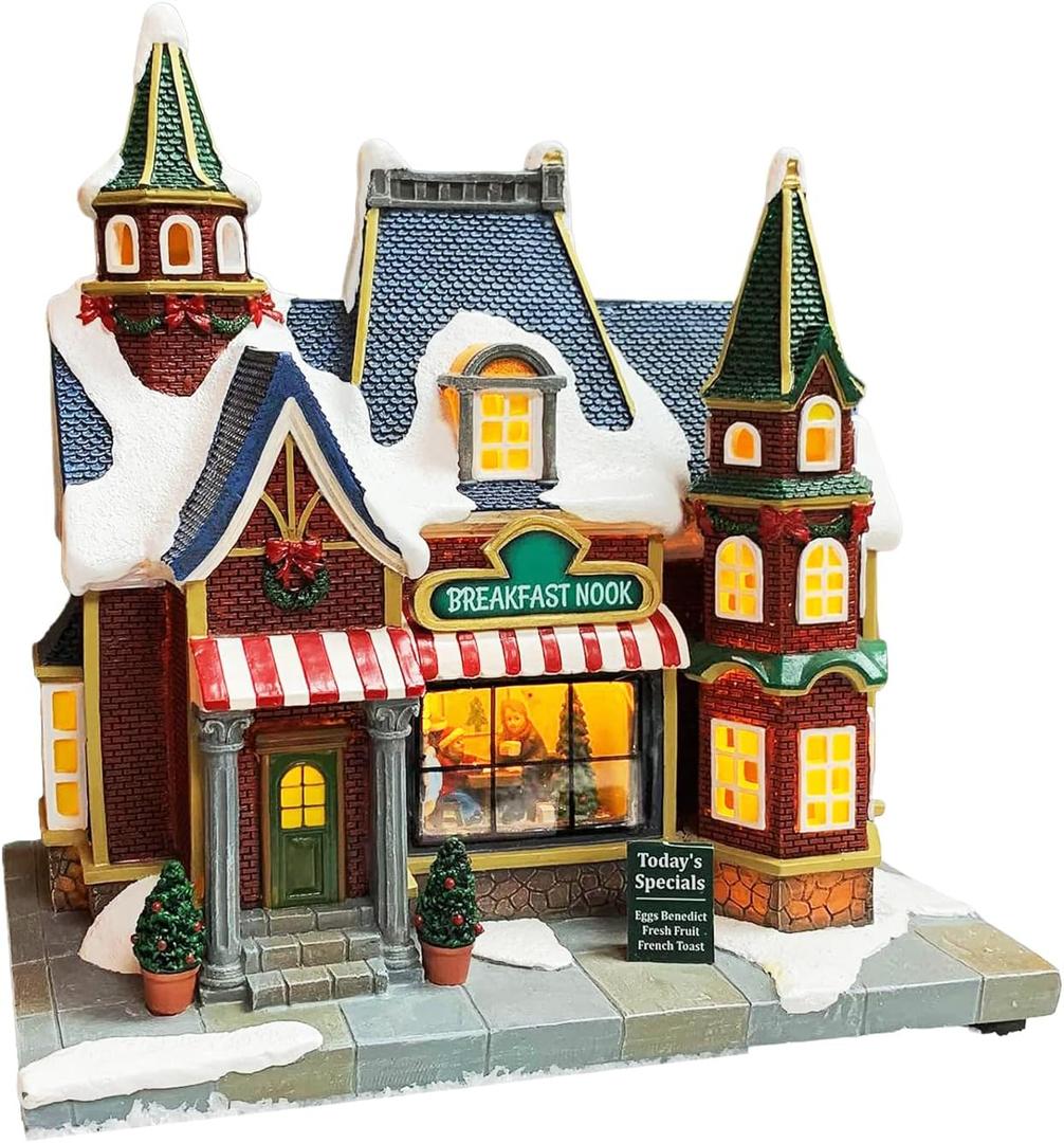 MOMENTS IN TIME Lighted Christmas Village Building Breakfast Nook LED Lights Music Battery Operated Plays 8 Holiday Songs Optional 4.5V Adapter Gift Wrapped Ready Dcor