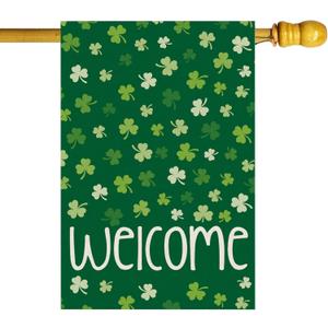 Welcome St. Patrick's Day Green Shamrocks Clovers House Flag Large Burlap 28X40 Inch Vertical Double Sided Outside Yard Holiday Outdoor Farmhouse Decoration