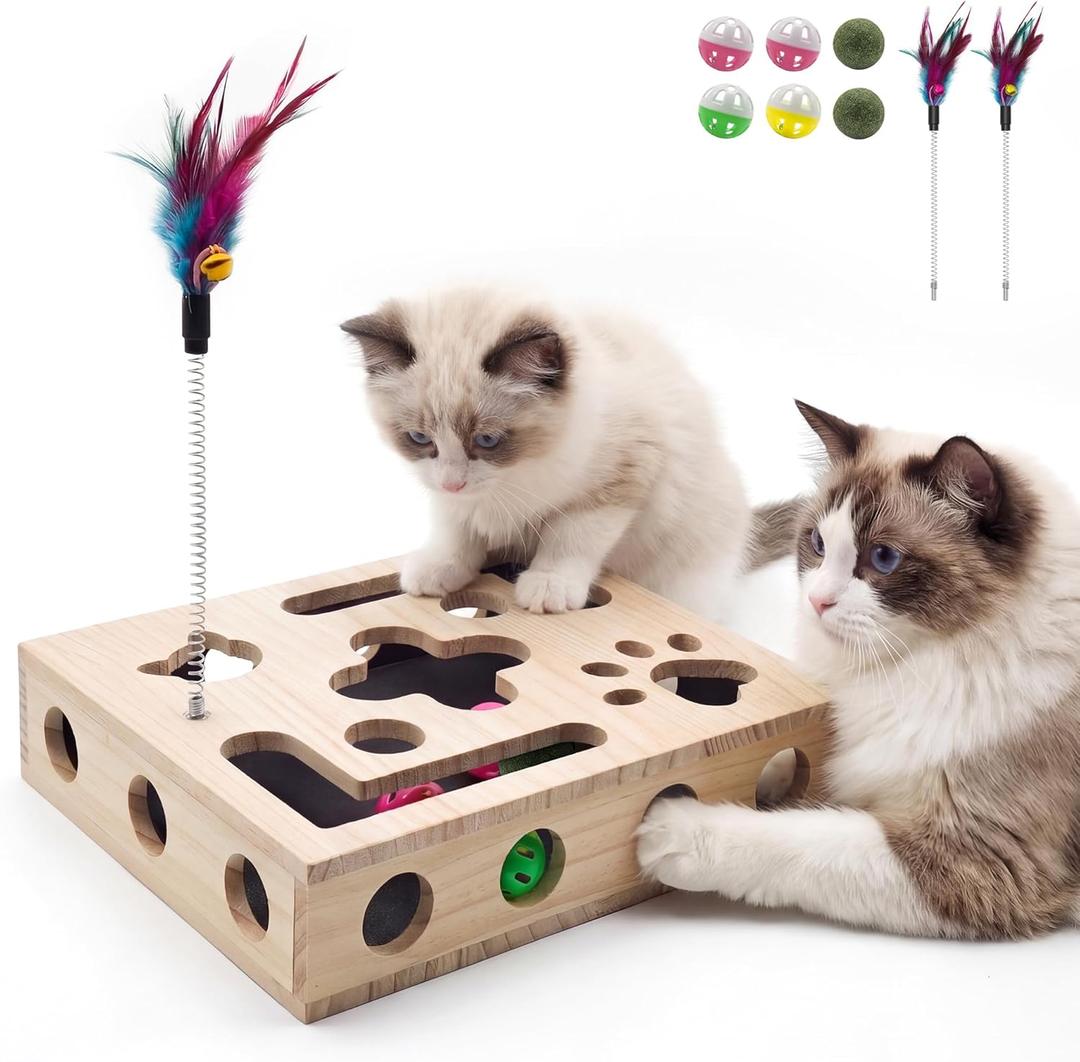Cat Toys for Indoor Cats - Cat Nail File Box with Interactive Cat Toys, 2026 Upgraded Cat Puzzle Feeder Scratch Puzzle Toy for Indoor Cats, Natural Claw Care (Natural Wood)