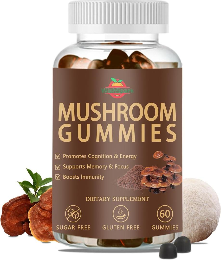 Mushroom Complex Gummies with Lions Mane Mushroom, Reishi, Cordyceps, Lion's Mane Mushroom Gummies for Adults Brain Booster, Immune Support, Energy-60