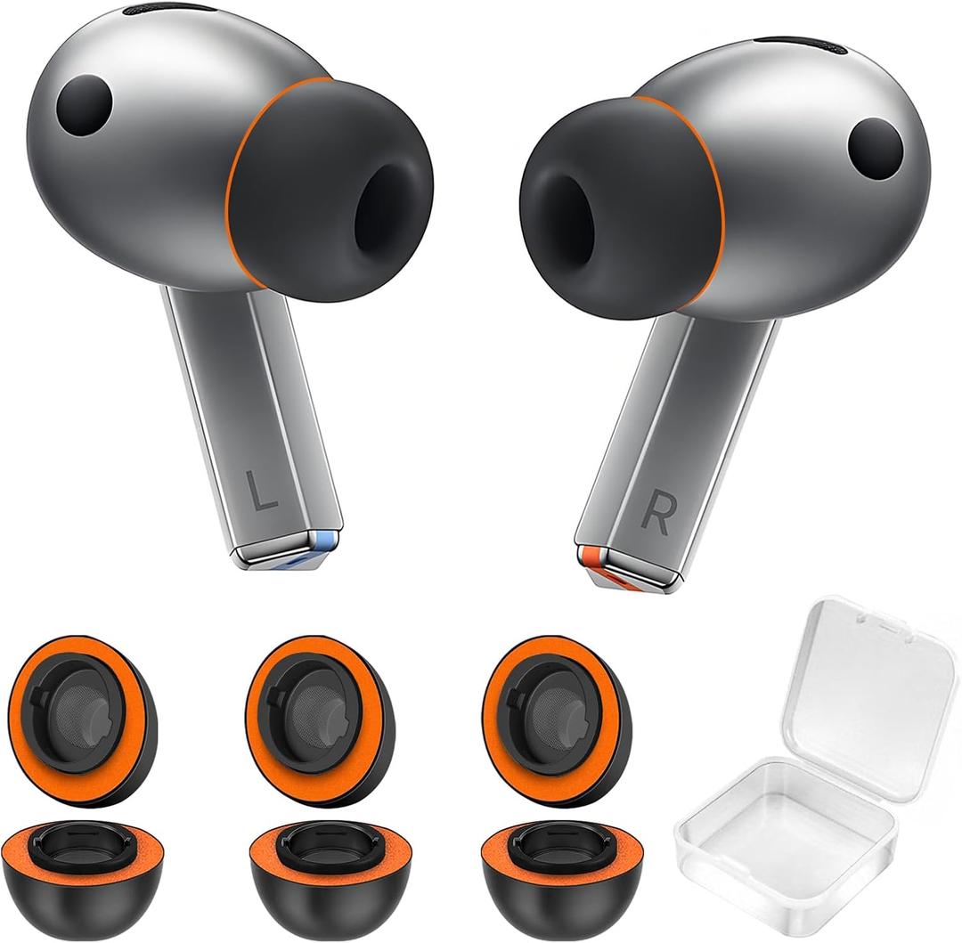 Best Memory Foam&Silicone Hybrid Ear Tips for Samsung Galaxy Buds3 Pro,Double Layer Anti-Slip,Ultra-Comfort,Better Noise Cancellation,Fit in The Charging Case,3 Pairs (Black Orange, S/M/L)