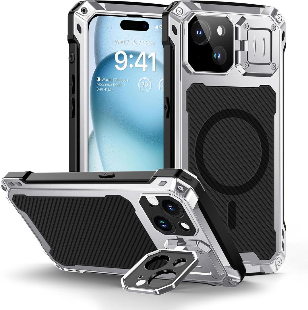 Lanhiem for iPhone 15 Metal Case, [Built-in Camera Kickstand & Glass Screen Protector] Heavy Duty Protective Rugged Full Body Military Grade Shockproof Aluminum Magnetic Cover for iPhone 15 (Silver)