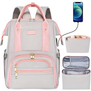Kaome Lunch Backpack 15.6 Inch Laptop Backpack for Women with USB Port Nurse Gift Teacher Work Backpack Cooler Insulated Lunch Bag Waterproof Daypacks for Work Picnic Travel Anti-theft (Grey Pink)