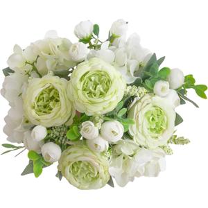 3 x 2 Bunches Green Peony Artificial Flowers for Decoration Small Faux Rose Fake Bouquet Silk Arrangements Table Centerpiece for Vase Cake Topper Bridal Baby Shower (2, Green White)