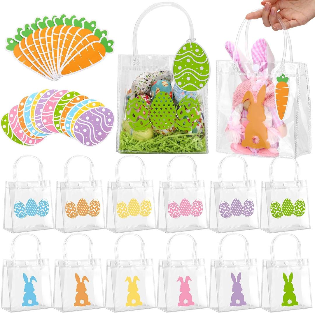 Sweetude 12 Pcs Small Easter Bunny Egg Clear Gift Bags with Handles Clear PVC Treat Candy Goodie Birthday Party Favor Gift Bags with 18 Pcs Carrot and Easter Egg Tags and 60g Grass Shredded Paper