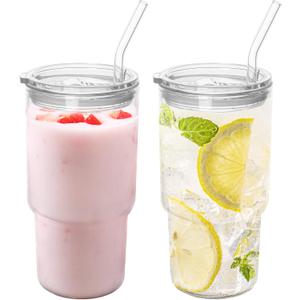 Glass Tumbler with Lid and Straw, High Borosilicate Glass Coffee Cup Smoothie Cups 24 oz/750ml for Hot or Cold Drinks 2 Pack Glass Tumbler with Lid and Straw, High Borosilicate Glass Coffee Cup Smoothie Cups 24 oz/750ml for Hot or Cold Drinks 2 Pack