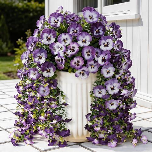 Artificial Flowers for Outdoors Front Porch Spring Decor ,2 Pack Hanging Faux Outdoor Plants UV Resistant - Long Trailing Faux Flower for Hanging Baskets, Tall Outdoor Planters （Multi Purple）