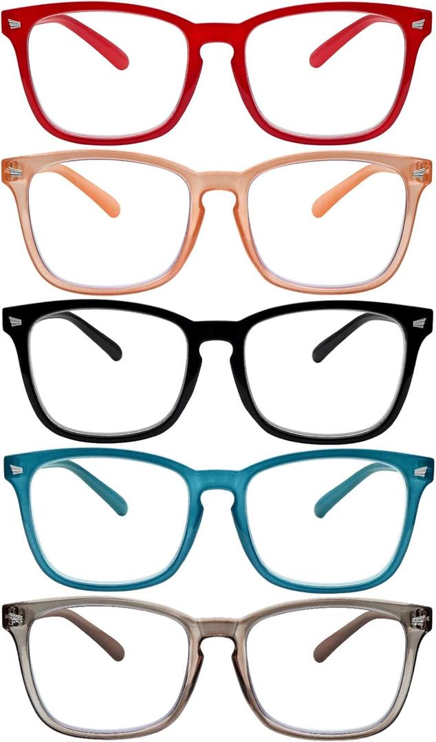 5 Pack Blue Light Blocking Reading Glasses Fashion Square Computer Readers for Women Men, Anti UV Ray Nerd Eyeglasses (5C A, 0.5)