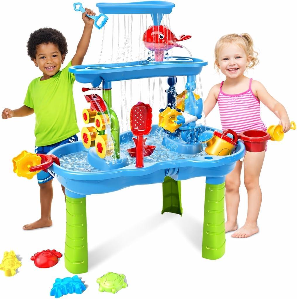 3-Tier Water Table for Toddlers 1-3, Kids Water Play Table with Waterfall, Spinning Wheels and Splash Accessories for Outdoor Backyard Summer Fun