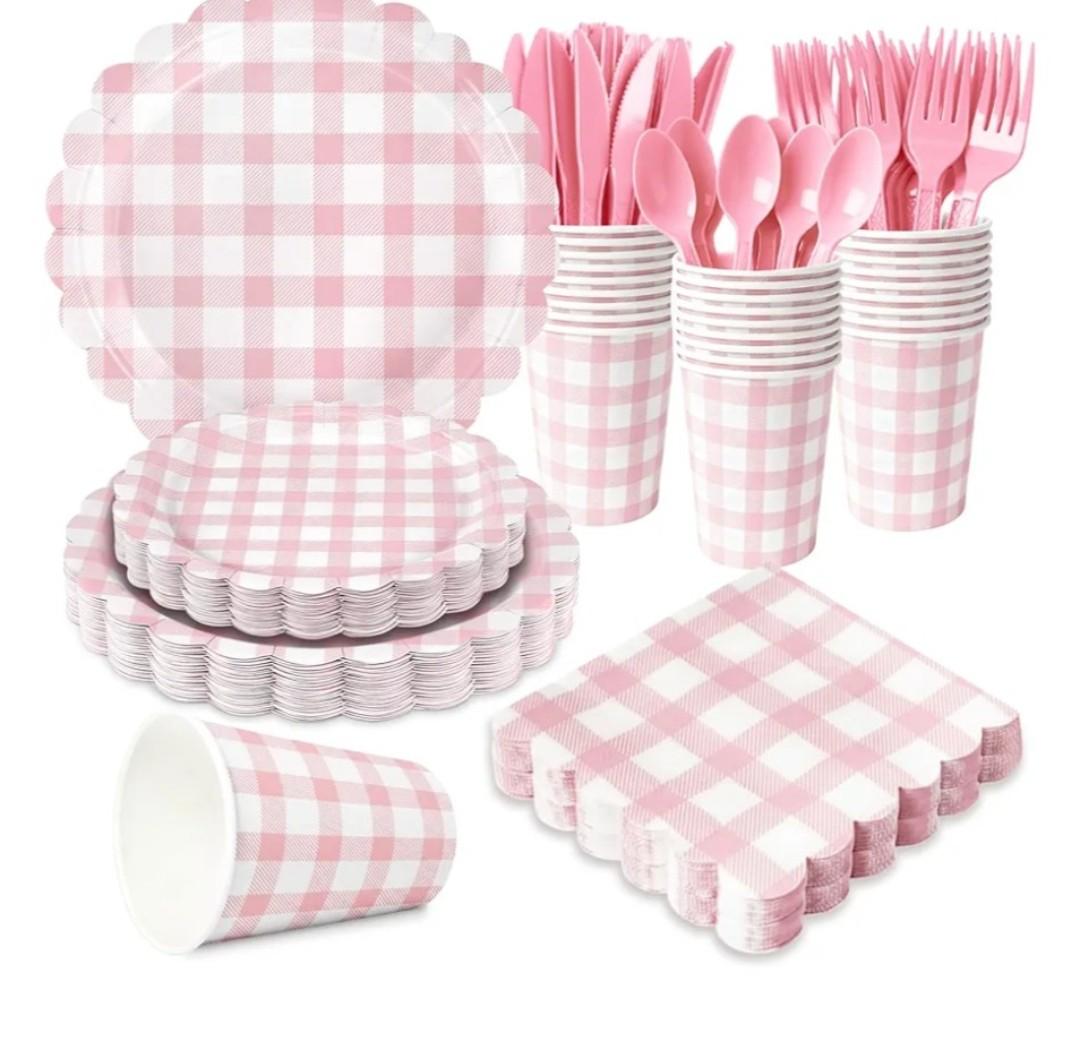 175 PCS Pink Gingham Party Supplies Includes Pink Gingham Paper Plates, Cups, Napkins, Cutlery for Baby & Bridal Shower, Wedding, Birthday Party, Outdoor Picnic, Serves 25