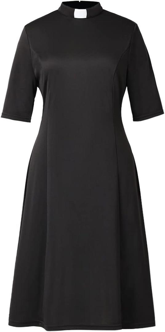 CAMDOM Church Clergy Dress for Women Minister Half Sleeve Loose Elegant Dress with Tab Collar Black, XX-Large