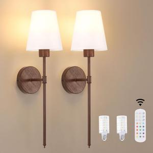 Shenmoyl Battery Operated Wall Sconces Set of 2, Walnut Color Wall Lamp 6000 mAh Rechargeable Bulb with 12 RGB Colors Dimmable Wall Sconce for Living Room Bedroom