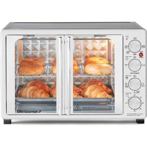 Elite Gourmet ETO4524 45L Countertop Convection Toaster Oven, French Doors, Adjustable Temperature & Timer, Bake, Roast, Broil, Toast, Includes Baking Pan, Rack, Rotisserie, Stainless Steel