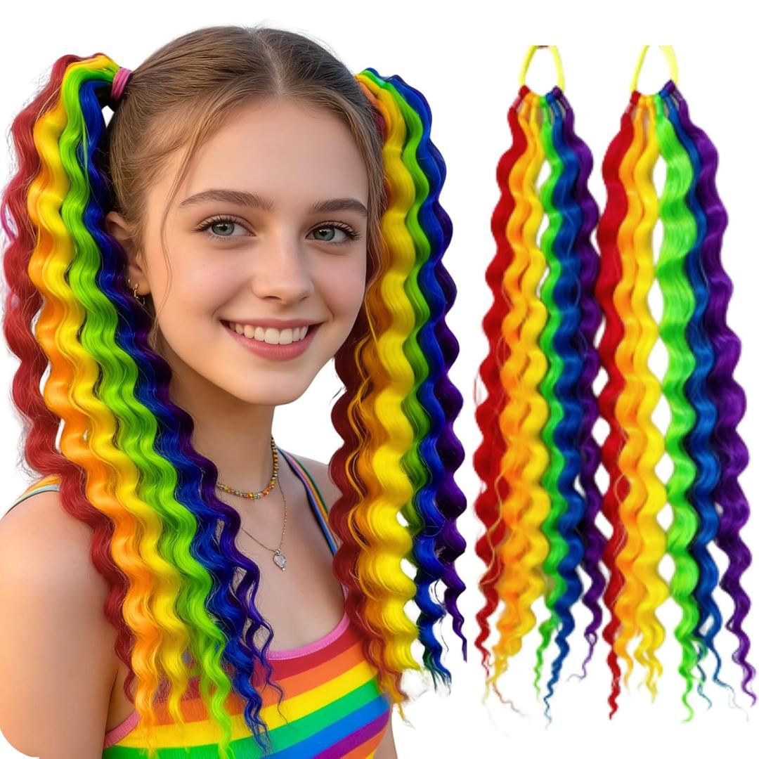 Rainbow Hair Extensions Tie in Curly Ponytail Extension Wavy Colorful Crazy Hair Pride Day Accessories for Fun DIY Festival Wacky Rave Colored Braids 18 inch 2 Packs