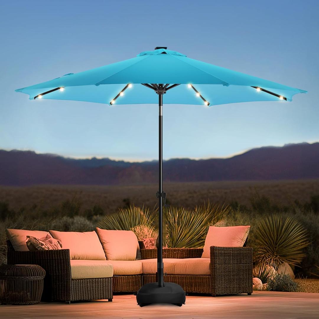 wikiwiki 9FT Solar Led Patio Umbrella with Base, Sturdy Outdoor Market Umbrella for Deck, Pool, Garden w/Tilt, Crank, 32 LED Lights, Sky Blue