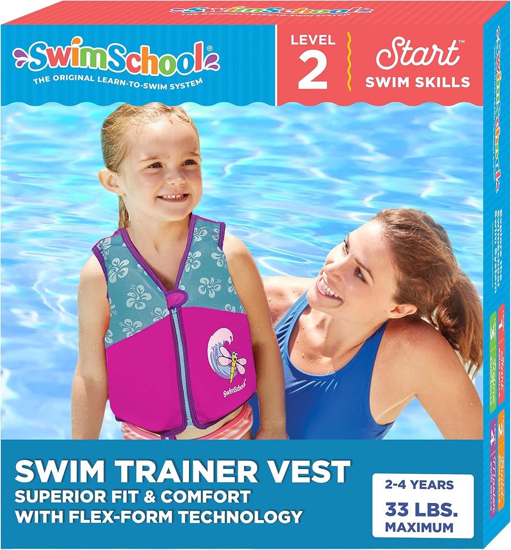 SwimSchool Kids Swim Trainer Vests for Toddlers Ages 2-6 Boys/Girls Multiple Colors/Styles Learn to Swim Floaties