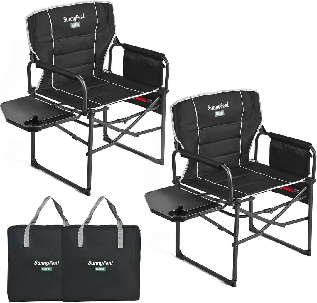 SUNNYFEEL Camping Directors Chair, Heavy Duty,Oversized Portable Folding Chair with Side Table, Pocket for Beach, Fishing,Trip,Picnic,Lawn,Concert Outdoor Foldable Camp Chairs (Padded Black-2set)