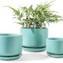 LE TAUCI Ceramic Plant Pots, 4.3+5.3+6.8 inch, Set of 3, Planters with Drainage Hole and Saucer, Indoor Flower Pot with Hole Mesh Pad, Gifts for Mom, Aqua